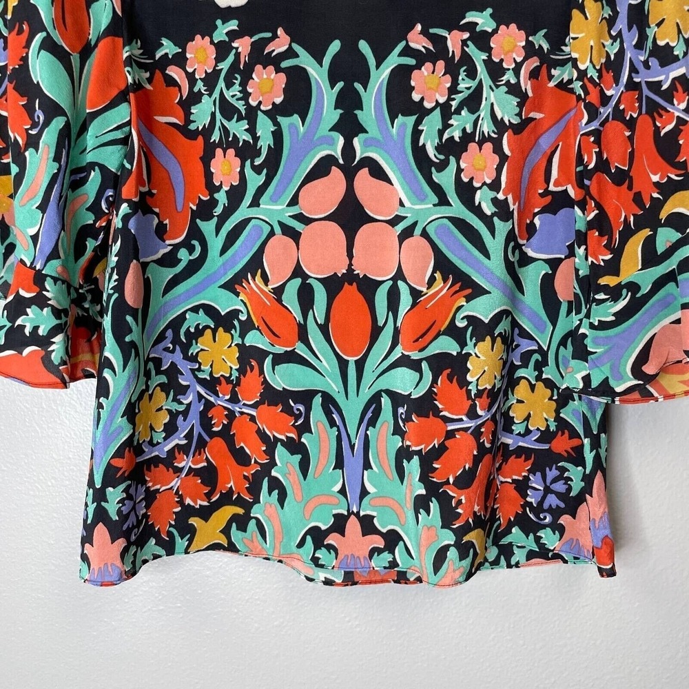 Maeve Silk Top Womens 0 Black Floral Bell Sleeve Ruffle Folkart Print Blouse - Picture 4 of 11